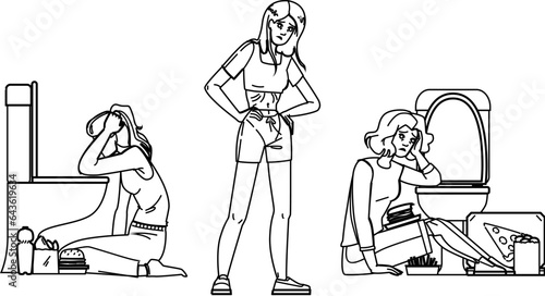 bulimia disorder vector. body woman, problem anorexia, female weight, slim depression, health anorexic bulimia disorder character. people black line illustration