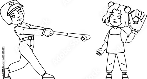 baseball kid vector. child childhood, youth game, boy sport, team base, young league baseball kid character. people black line illustration