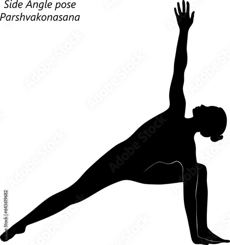 Silhouette of young woman practicing yoga, doing Side Angle pose. Parshvakonasana. Standing and Lateral Bend. Intermediate. Isolated vector illustration.