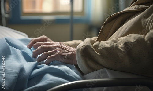 Focus on the hands of an elderly person lying in hospital, AI generative