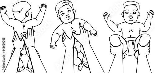 baby massage vector. child infant, mother care, body little, mom kid, cute skin baby massage character. people black line illustration