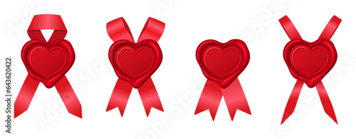 Heart shaped wax seal. Cartoon postal wax stamps with red ribbons. Antique paraffin seal flat vector illustration set