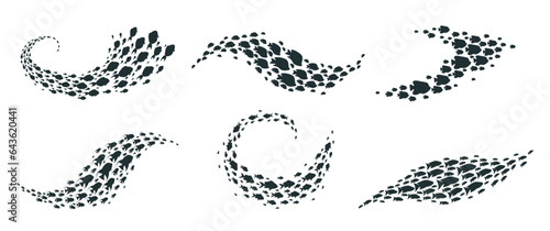 Fish shoal set. Cartoon underwater fish swimming groups, tropical fish shoal silhouettes flat vector illustration collection. Coral reef fauna
