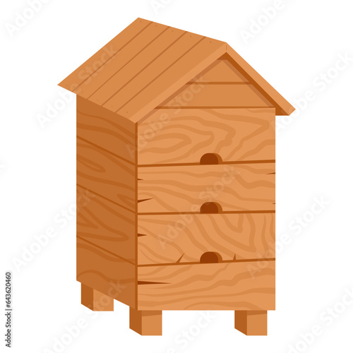 Wooden bee hive. Honey bee house with bees, wood apiary equipment flat vector illustration