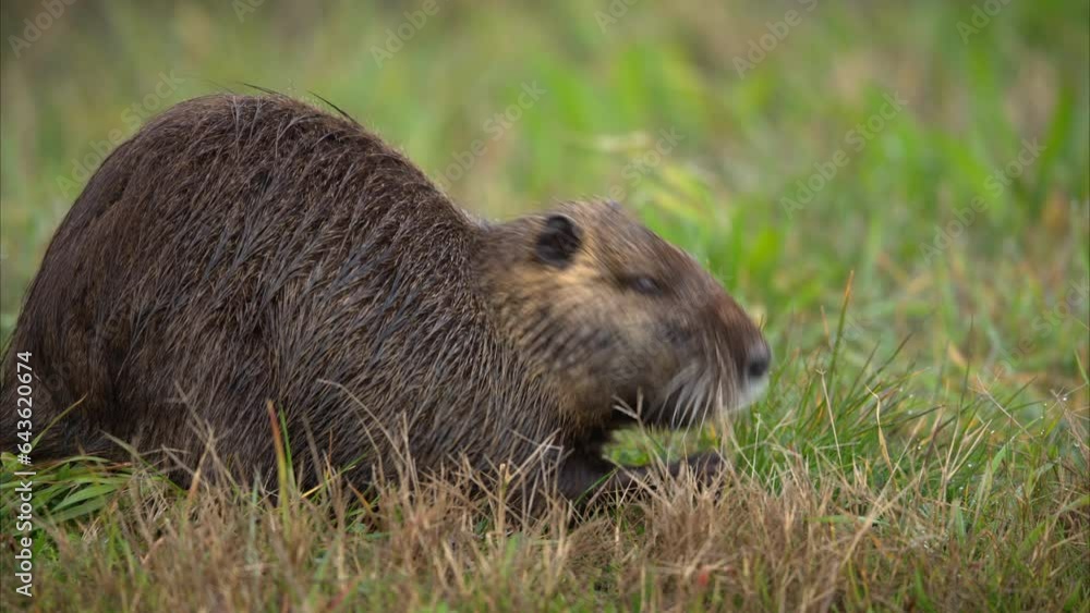 A nutria walking near water and looking for food A nutria walking near water and looking for food