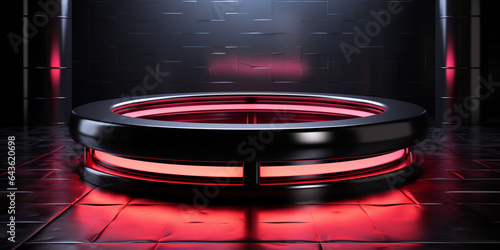 Catwalk or pedestal in full black for product display, photo luxurious, elegant, dark in low light for men, cosmetic LED neon