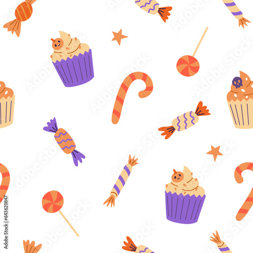 Halloween seamless pattern with candy and sweets on white background. Trick or treat. Vector illustration