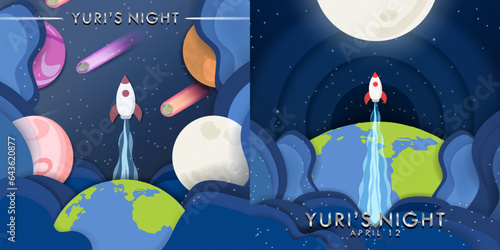 Paper Origami Yuri's Night Poster Set. Paper cutout of solar system and outer space with Earth and rocket ship. Vector Illustration.
