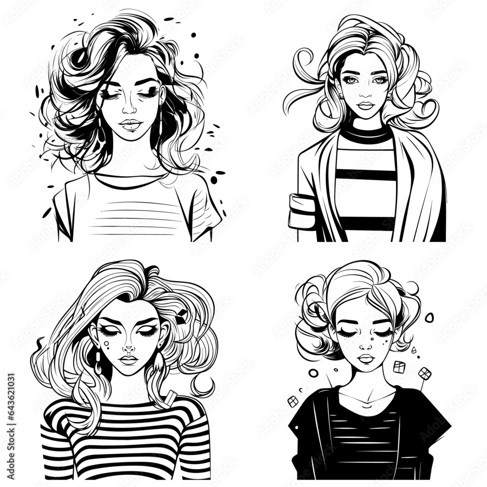 Portrait of a young beautiful woman in single line art style.Continuous line art in elegant style for prints, tattoos, posters, textiles, postcards etc. beautiful women face vector illustration Portrait of a young beautiful woman in single line art style.Continuous line art in elegant style for prints, tattoos, posters, textiles, postcards etc. beautiful women face vector illustration