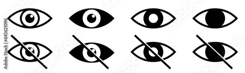 Hide and unhide icon set in four different styles. Seen and unseen eyes vector icon set. Hide and unhide symbol. Data privacy and sensitive content sign. Hide and Unhide icon in trendy flat style.