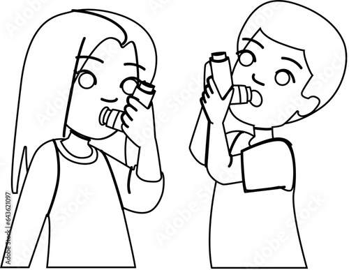 asthma kid vector. nebulizer child, inhaler girl, respiratory ill, person fever, flu cough asthma kid character. people black line illustration