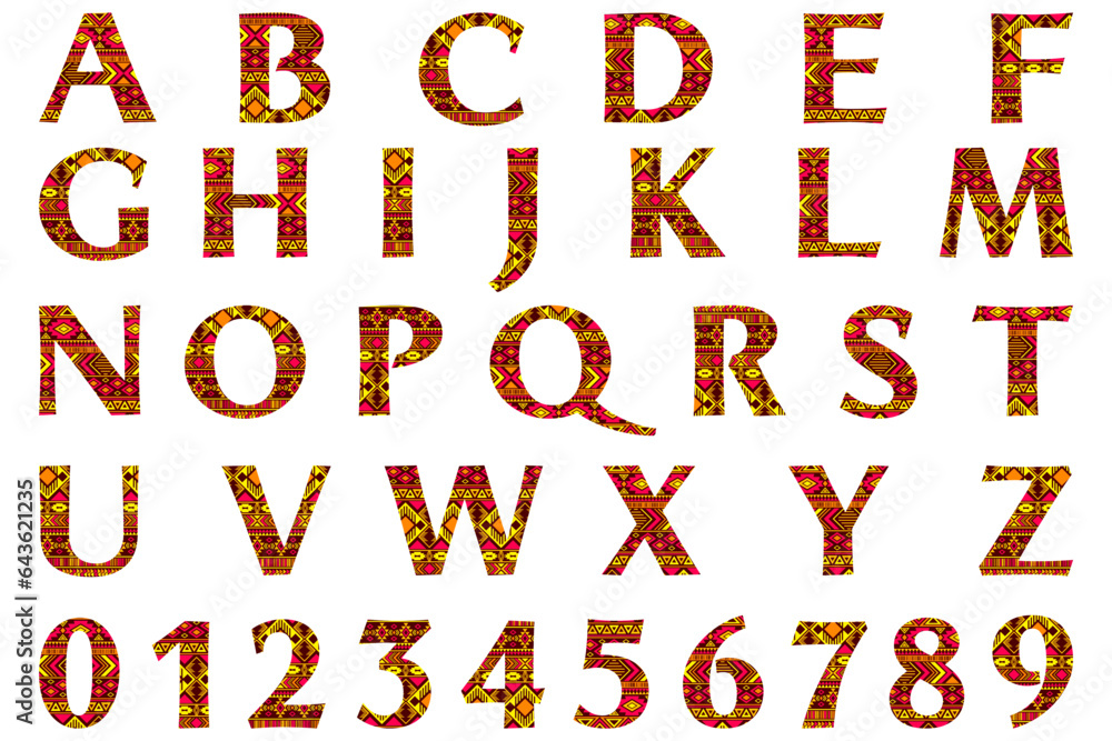 Abc letters and numbers with geometric ethnic pattern. Isolated English alphabet uppercase letters and numbers font design elements. Children book title typeface. Back to school font symbols Abc letters and numbers with geometric ethnic pattern. Isolated English alphabet uppercase letters and numbers font design elements. Children book title typeface. Back to school font symbols