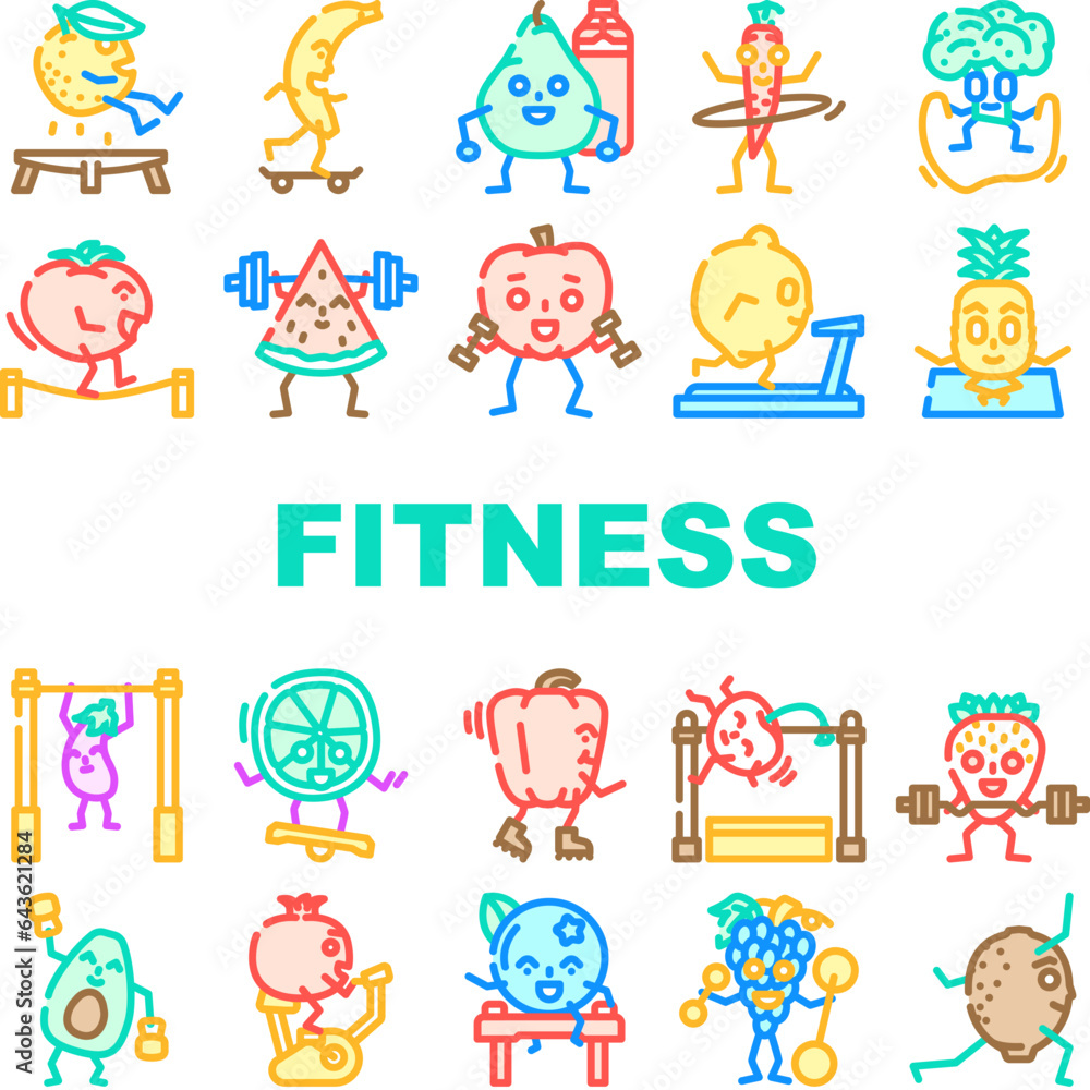 fruit fitness food diet icons set vector. healthy lifestyle, nutrition fit, sport exercise, workout weight, apple gym training fruit fitness food diet color line illustrations fruit fitness food diet icons set vector. healthy lifestyle, nutrition fit, sport exercise, workout weight, apple gym training fruit fitness food diet color line illustrations