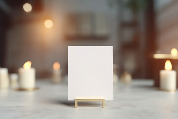Small blank white card table sign, mockup of miniature toy blank white canvas on table.