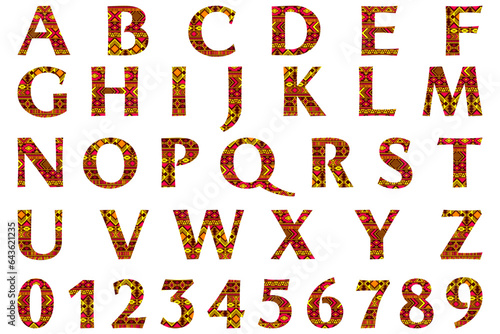 Abc letters and numbers with geometric ethnic pattern. Isolated English alphabet uppercase letters and numbers font design elements. Children book title typeface. Back to school font symbols