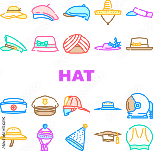 hat cap white head icons set vector. summer beach, panama female, straw mockup, woman man, clothes accessory hat cap white head color line illustrations