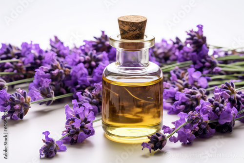 Vintage glass bottle vial with stopper and lavender oil  lavender flowers  light background. Natural lavender essential oil. 