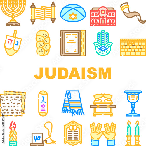 judaism religion jewish icons set vector. jew israel, synagogue hanukkah, star hanuka, people, israeli hebrew, holocaust judaism religion jewish color line illustrations