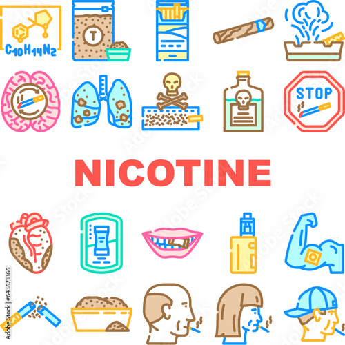 nicotine tobacco unhealthy icons set vector. health product, danger snus, chemical pouch, box lifestyle, cigarette smoking nicotine tobacco unhealthy color line illustrations