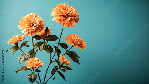 Bouquet of marigold flowers on a turquoise background with copy space. Day of the dead. Dia de los muertos. photo