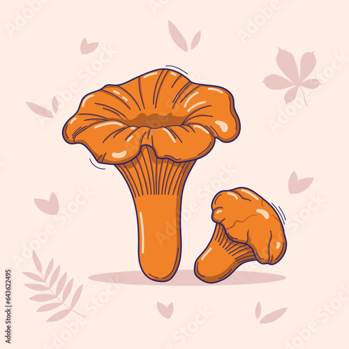 Vector hand drawn illustration of chanterelles mushrooms in doodle style isolated on a light background with autumn leaves