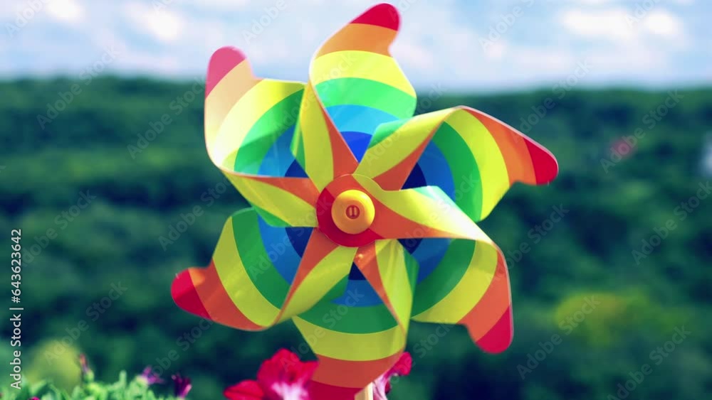Pinwheel of rainbow colors among the balcony petunia flowers against the backdrop of the forest and the sky. LGBT colors concept. Pinwheel of rainbow colors among the balcony petunia flowers against the backdrop of the forest and the sky. LGBT colors concept.