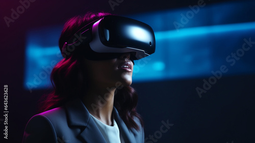 Adult businesswoman and VR headset in dark room. VR concept. Generative AI.