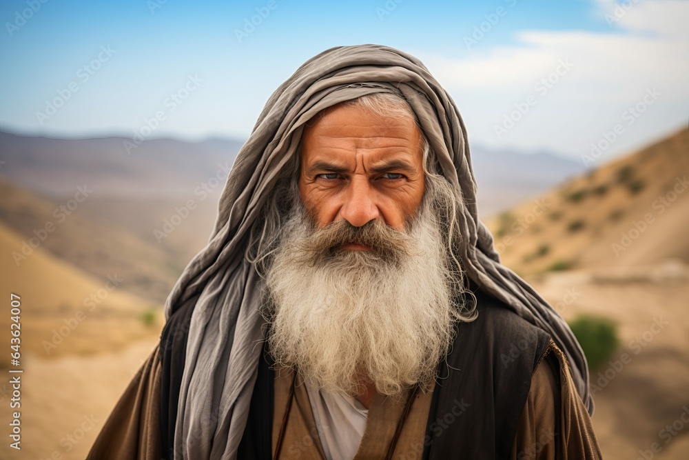 Elderly Man with White Beard Dressed as Ancient Religious Patriarch in Middle Eastern Desert, Prophet Father of Religions Elderly Man with White Beard Dressed as Ancient Religious Patriarch in Middle Eastern Desert, Prophet Father of Religions