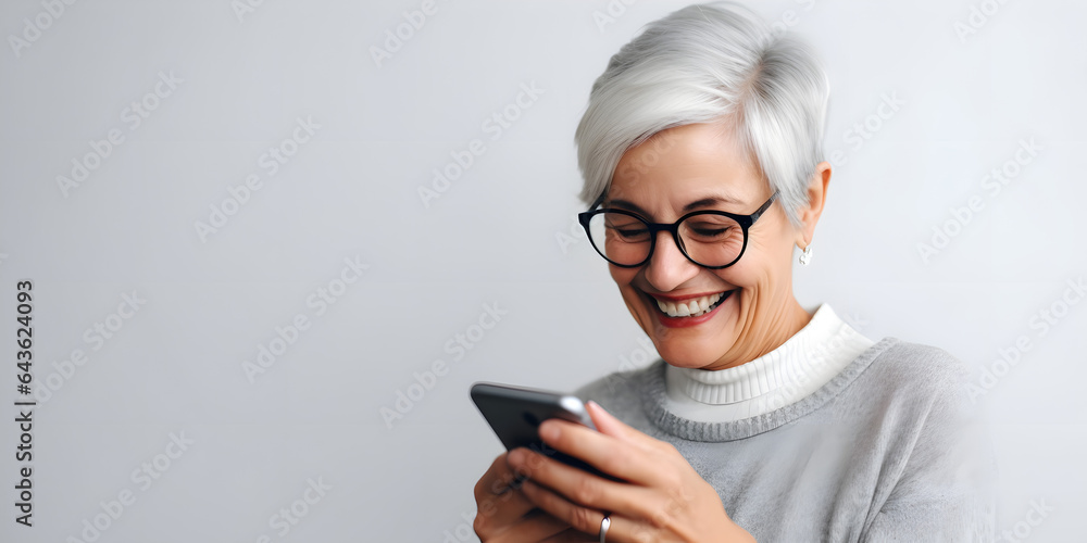 smiling elderly woman looking at the phone on a white background smiling elderly woman looking at the phone on a white background