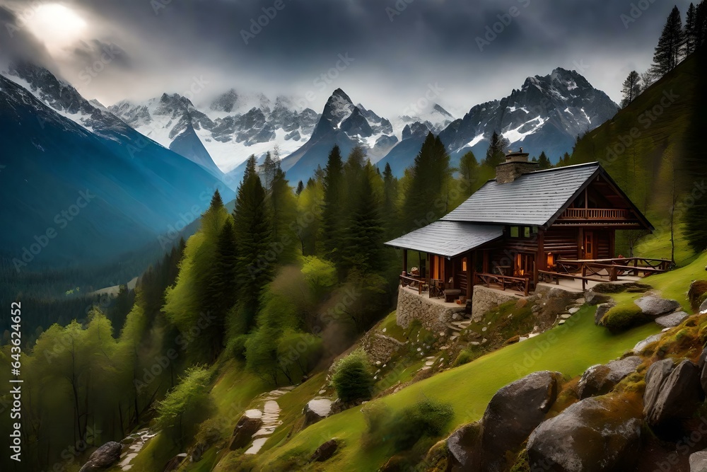 Mountains with Rock House on Top of it Covered with Snow and Greenery