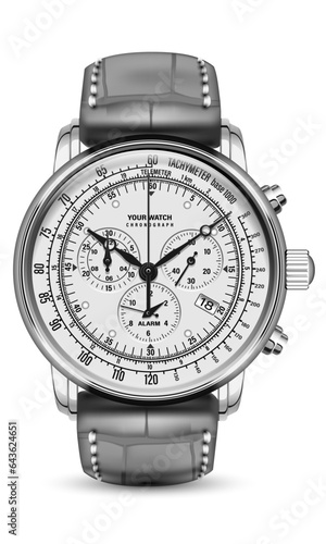 Realistic watch clock chronograph face silver dark grey leather strap on white design classic luxury vector