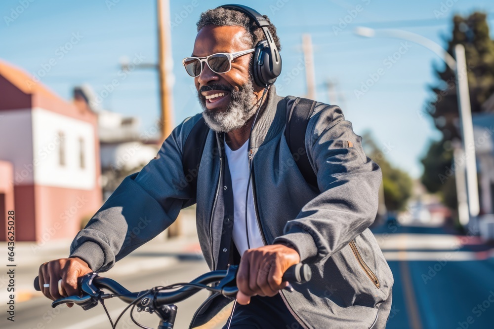 Man listening music in headphones riding a bike