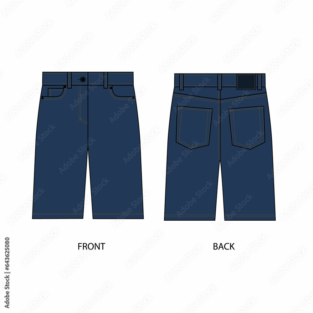 Technical drawing of blue denim shorts isolate on a white background Technical drawing of blue denim shorts isolate on a white background