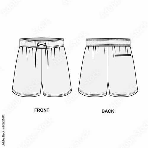 Illustration of sports shorts with drawstring isolated on a white background. Outline sketch of short shorts front and back view. Summer shorts template in casual style. photo