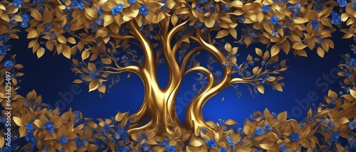 Abstract tree with trunk and leaves in gold with blooming blue flowers on blue background, wallpaper
