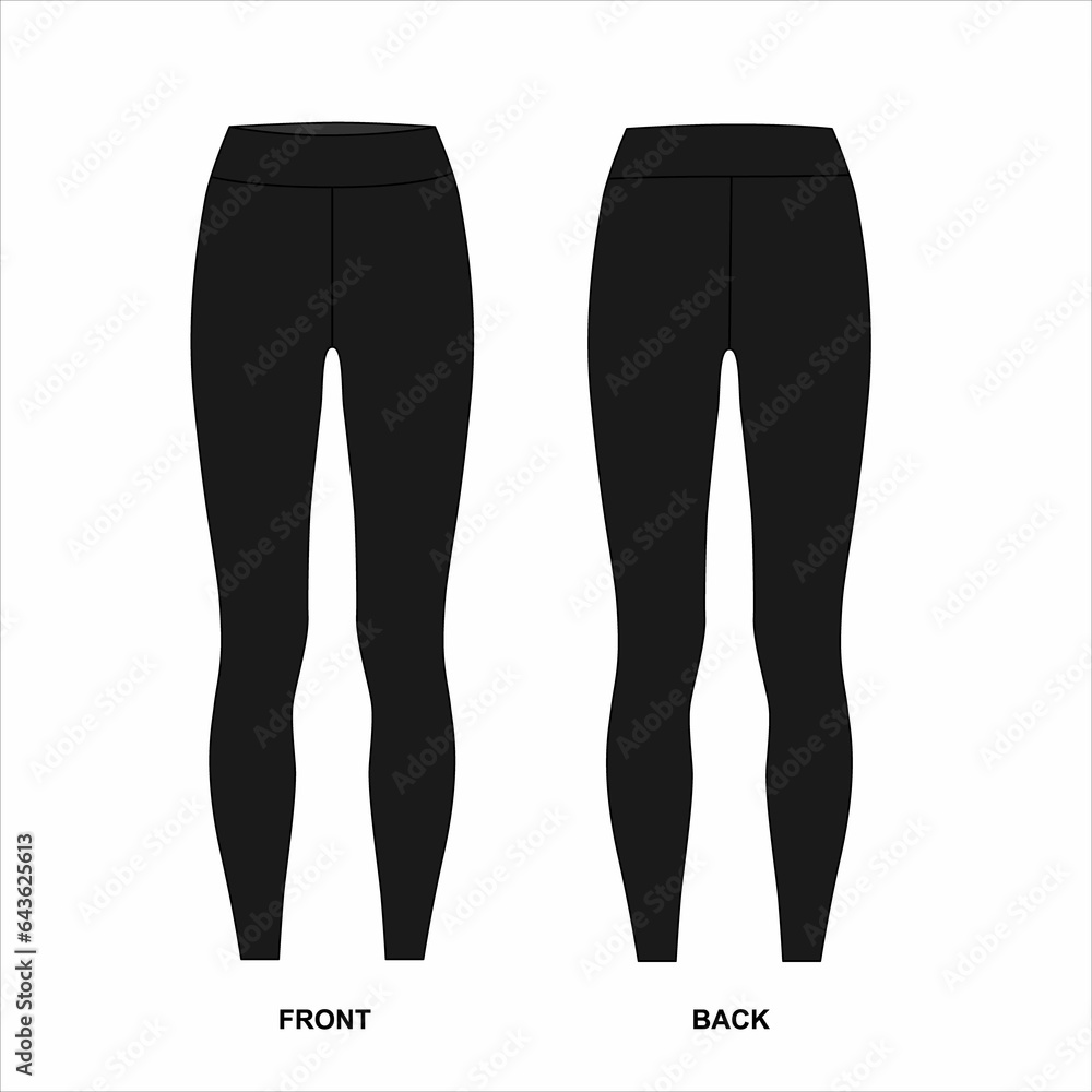 Illustration of black leggings isolate on a white background. Sketch of women's leggings front and back views. Template of elastic black pants for fitness, yoga, cycling. Illustration of black leggings isolate on a white background. Sketch of women's leggings front and back views. Template of elastic black pants for fitness, yoga, cycling.