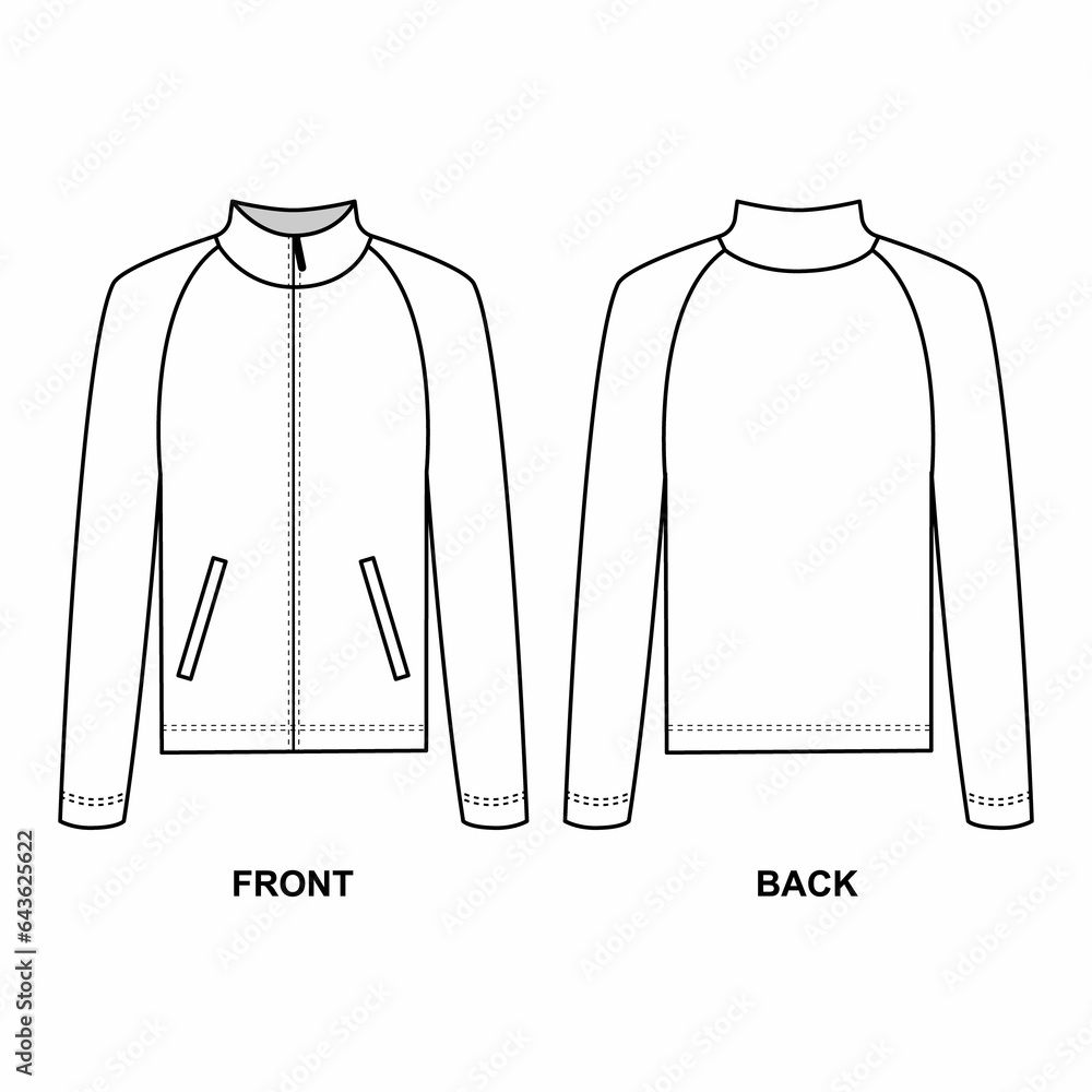 Technical drawing of a sports jacket with a zipper isolate on a white