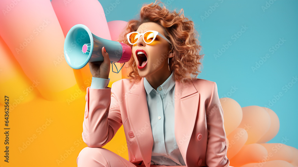 Young woman with red curly hair holding and shouting in megaphone. Colorful trendy background in pop art style pink blue yellow. Sales commercial communication banner with copy space - obrazy, fototapety, plakaty 
