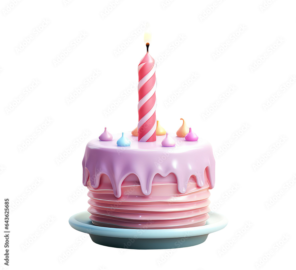 Cute birthday cake with candle in cartoon clay toy style, pastel colors ...