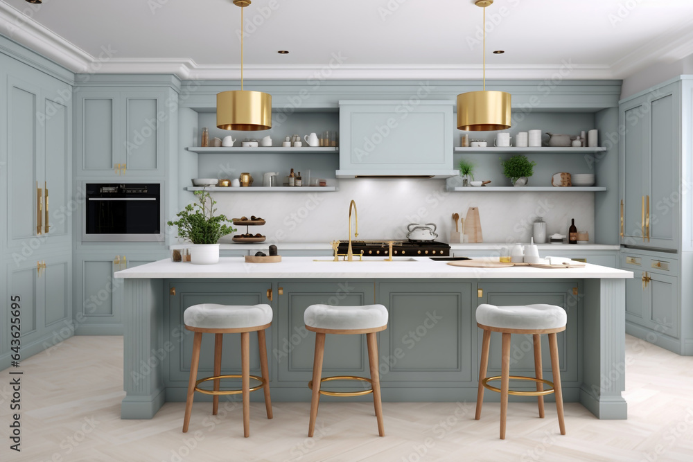 Luxurious modern kitchen bathed in soft pastel, accented gold combines seamlessly wood and gold brass. This is a blend of contemporary aesthetics and functionality. Generative AI.