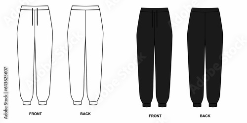 Illustration of jogger sweatpants isolate on a white background. Outline sketch of joggers front and back view.  photo