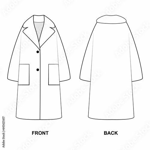 Technical drawing of a long coat with pockets isolate on a white background. Outline sketch of an oversized coat, front and back views. Women's coat template in casual style. photo