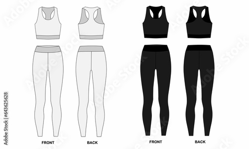 Technical drawing of leggings and bra, isolate on a white background. Sketch of a sports bra and leggings front and back view. Outline drawing of a sports top and leggings in white and black.