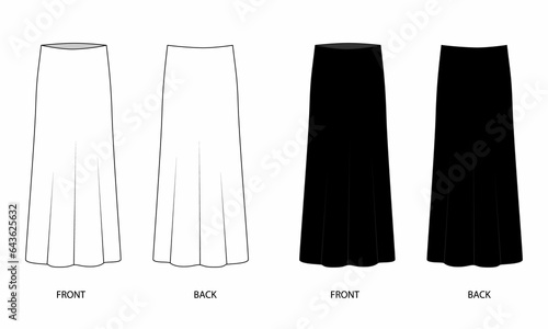 Technical drawing of a fashionable long silk skirt isolated on a white background. Outline sketch midi skirts for women front and back views. Long maxi skirt template in white and black colors.