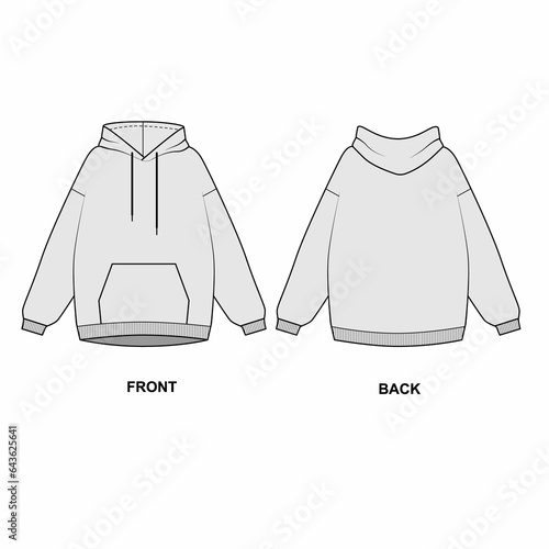 Technical drawing of a classic hoodie with a pocket isolate on a white background. Outline drawing of a white hooded sweatshirt. Oversized long sleeve hoodie template front view.