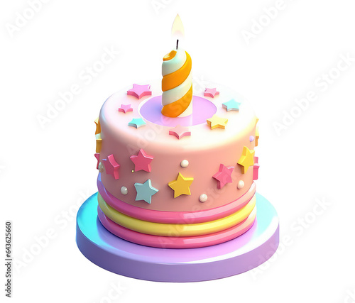 Cute birthday cake with candle in cartoon clay toy style, pastel colors, isolated on white background. 3d render illustration isometric detailed icon clipart. Png with transparent background, cutout.