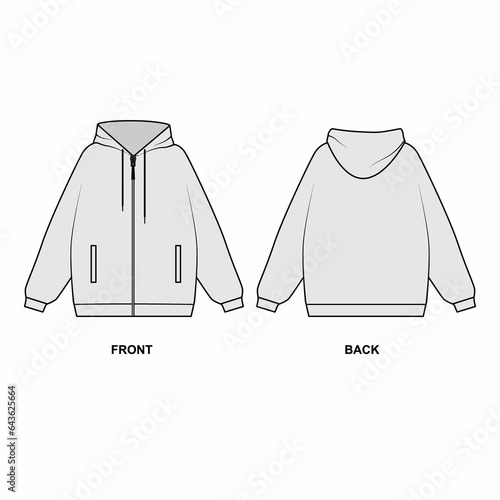 Technical drawing of a classic hoodie with a front zipper, isolated on a white background. Outline drawing of a sweatshirt with a hood, front and back views. Oversized long sleeve hoodie pattern in gr