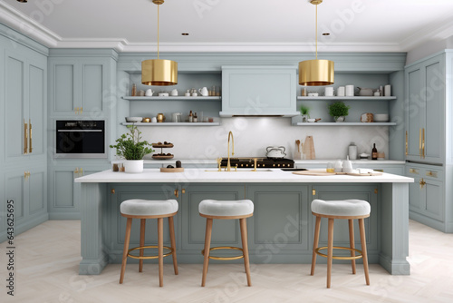 Luxurious modern kitchen bathed in soft pastel  accented gold combines seamlessly wood and gold brass. This is a blend of contemporary aesthetics and functionality. Generative AI.