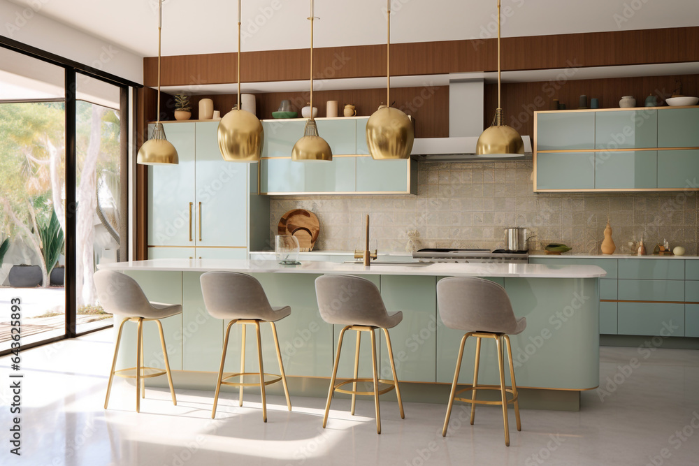 Luxurious modern kitchen bathed in soft pastel, accented gold combines seamlessly wood and gold brass. This is a blend of contemporary aesthetics and functionality. Generative AI.