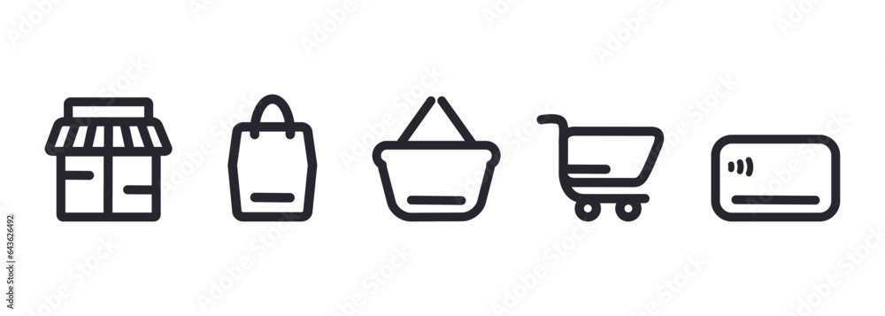 Set shopping  icon. Online store, shop, basket, bag, shopping cart.  Vector illustration isolated on white background. For sale, add, app, credit card, payment.